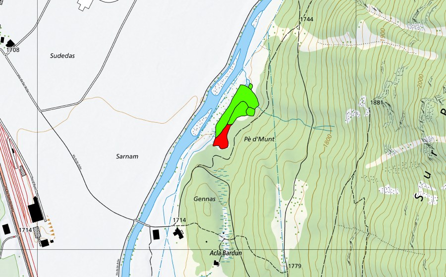 swisstopo national map showing the protected perimeter of Pè d'Munt/Pradè (Raised bog)