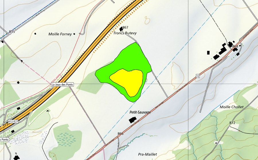 swisstopo national map showing the protected perimeter of Petit Sauvage (Raised bog)