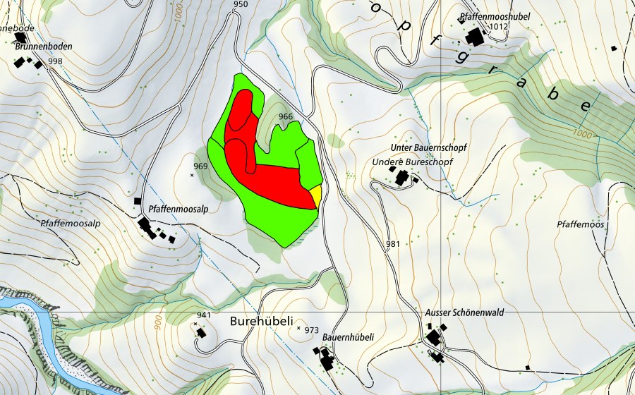Carte nationale swisstopo avec le périmètre protégé de Pfaffenmoos (Haut-marais)