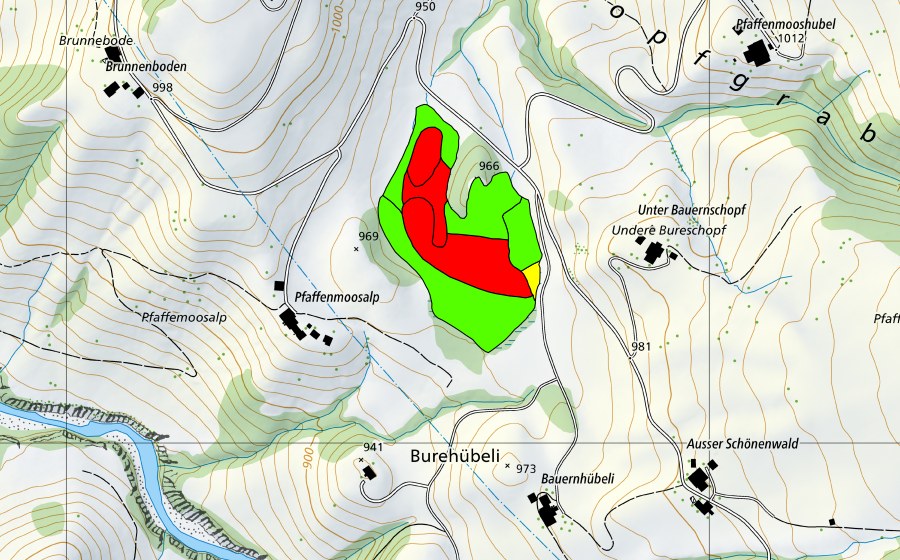 swisstopo national map showing the protected perimeter of Pfaffenmoos (Raised bog)