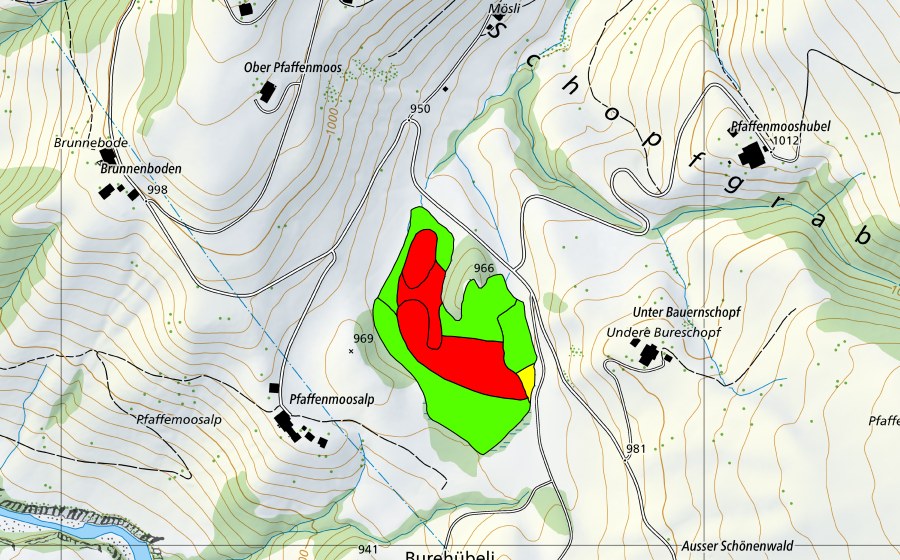 swisstopo national map showing the protected perimeter of Pfaffenmoos (Raised bog)