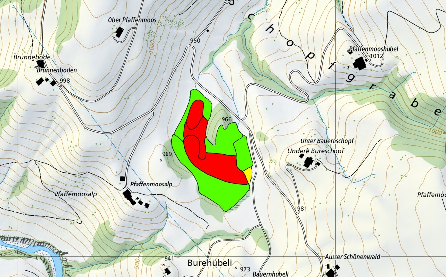 Carte nationale swisstopo avec le périmètre protégé de Pfaffenmoos (Haut-marais)