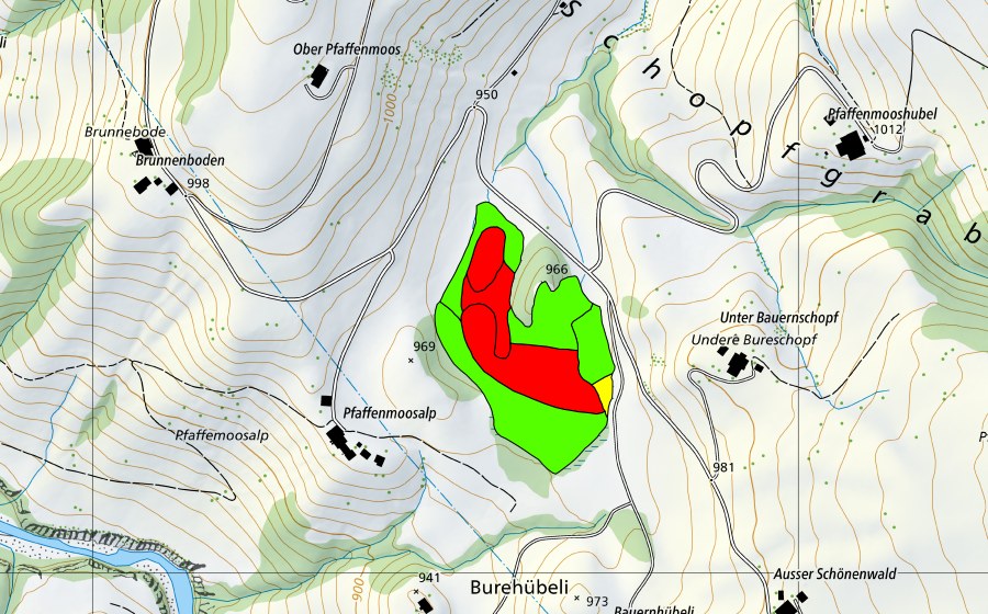Landeskarte swisstopo mit dem Schutzperimeter von Pfaffenmoos (Hochmoor)