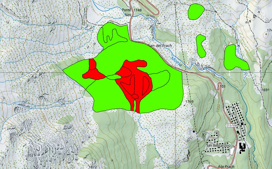 Carte nationale swisstopo avec le périmètre protégé de Pian Casuleta (Haut-marais)