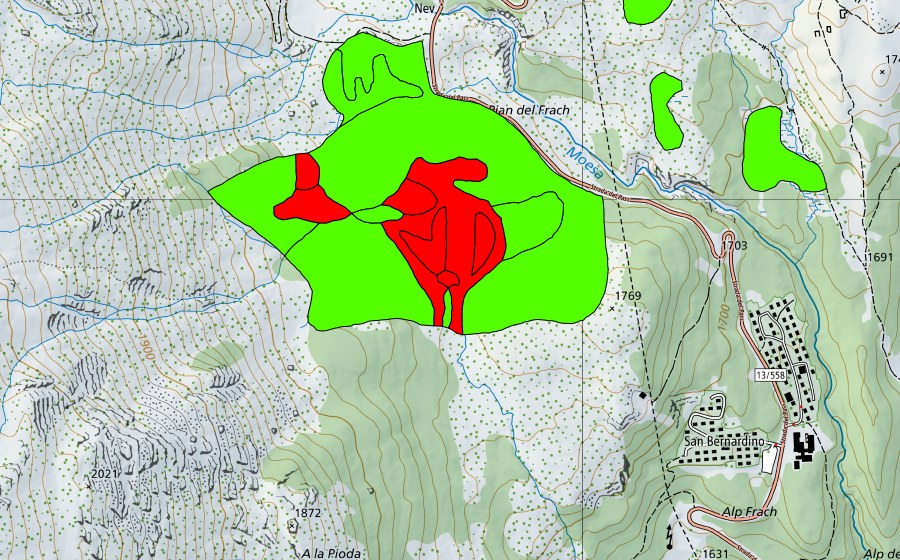 swisstopo national map showing the protected perimeter of Pian Casuleta (Raised bog)