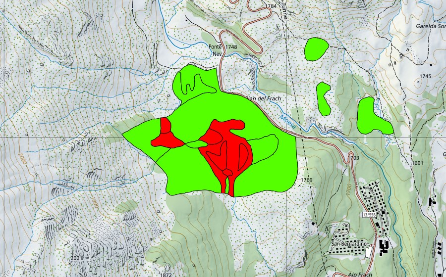 Landeskarte swisstopo mit dem Schutzperimeter von Pian Casuleta (Hochmoor)