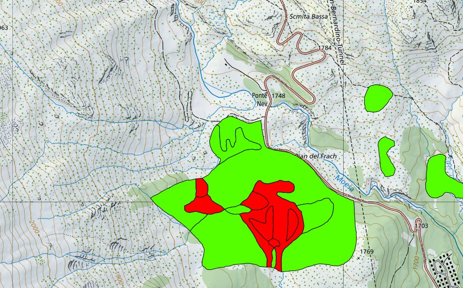 Carte nationale swisstopo avec le périmètre protégé de Pian Casuleta (Haut-marais)