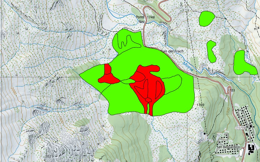 swisstopo national map showing the protected perimeter of Pian Casuleta (Raised bog)