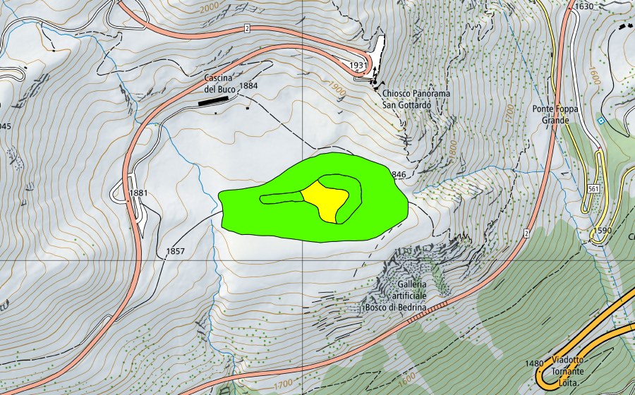 Carte nationale swisstopo avec le périmètre protégé de Pian Secco (Haut-marais)