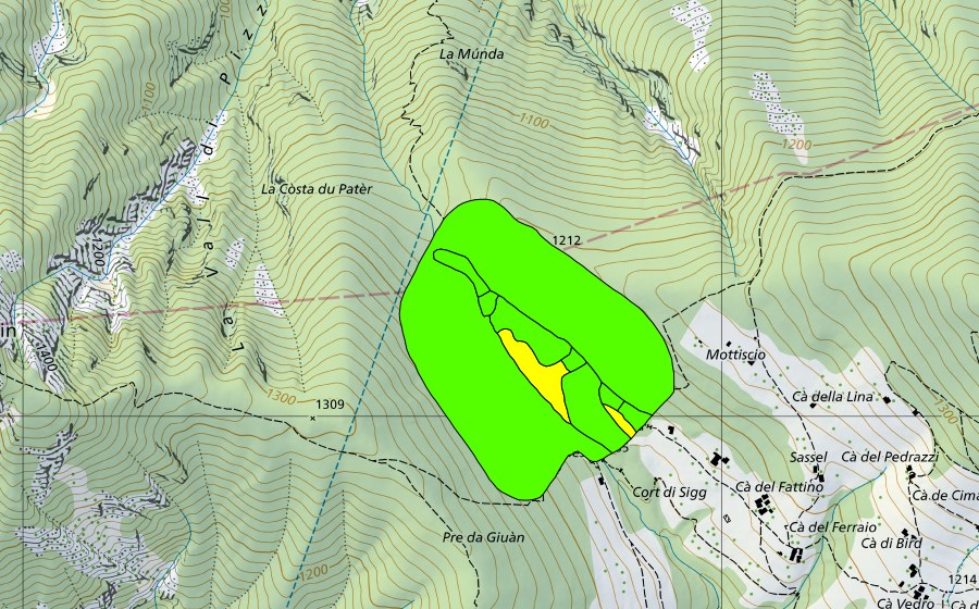 Carte nationale swisstopo avec le périmètre protégé de Pian Segna (Haut-marais)