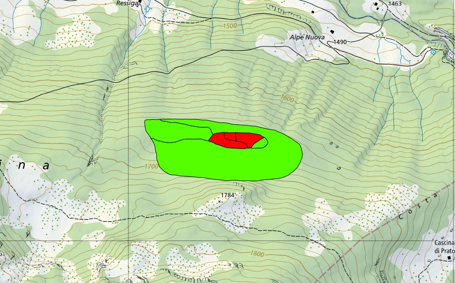 swisstopo national map showing the protected perimeter of Piano della Bolla (Raised bog)
