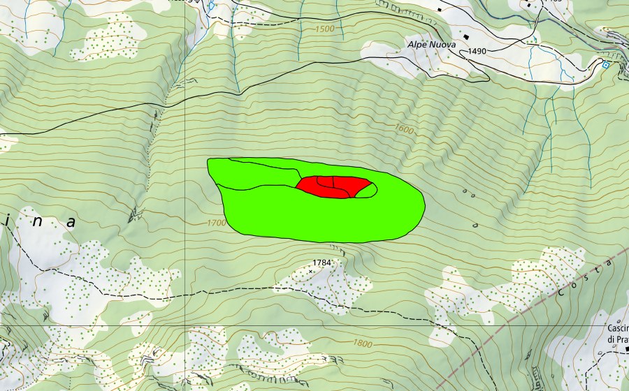 swisstopo national map showing the protected perimeter of Piano della Bolla (Raised bog)