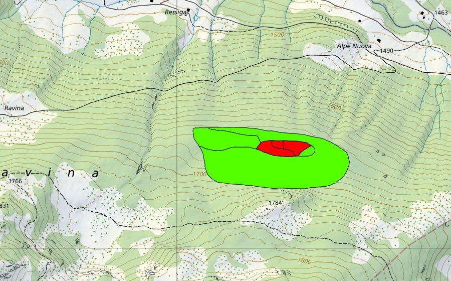 Landeskarte swisstopo mit dem Schutzperimeter von Piano della Bolla (Hochmoor)