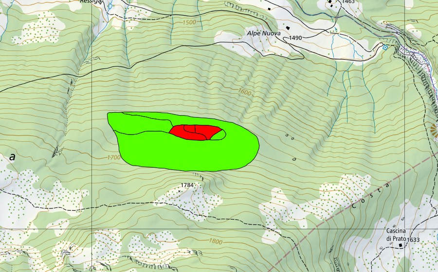 Carte nationale swisstopo avec le périmètre protégé de Piano della Bolla (Haut-marais)
