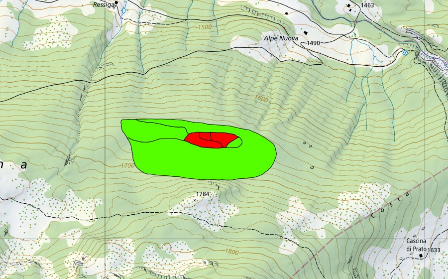 Carte nationale swisstopo avec le périmètre protégé de Piano della Bolla (Haut-marais)