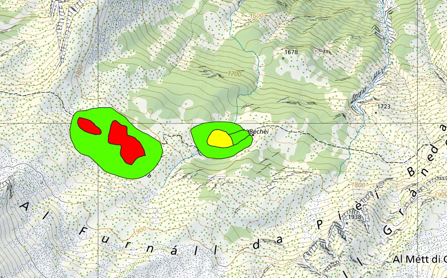 Landeskarte swisstopo mit dem Schutzperimeter von Pièi Bachei (Hochmoor)