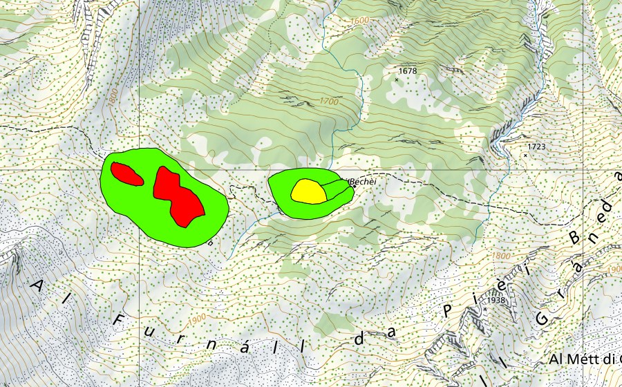 Landeskarte swisstopo mit dem Schutzperimeter von Pièi Bachei (Hochmoor)