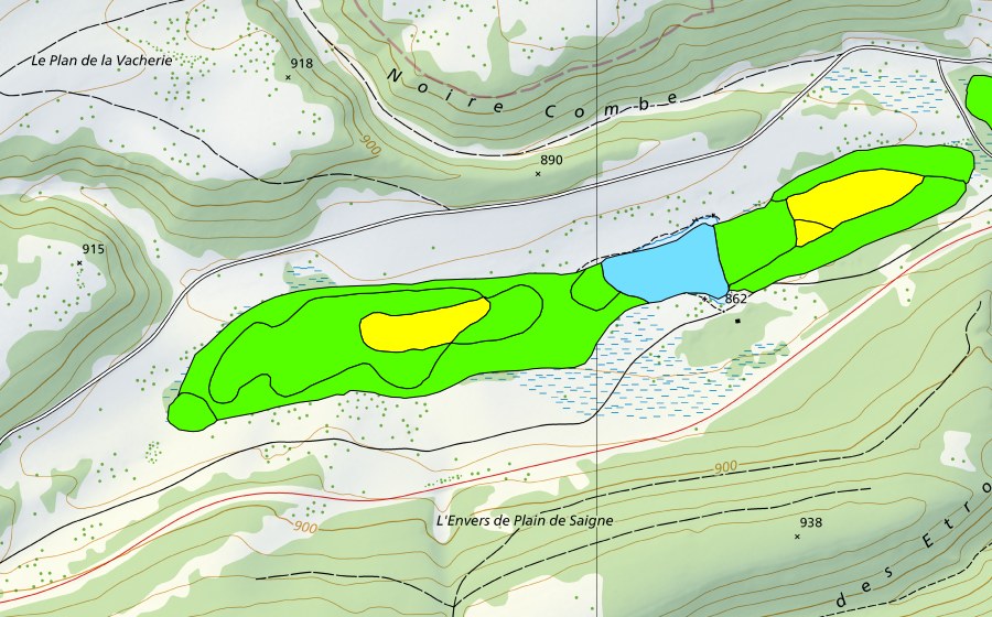 Carte nationale swisstopo avec le périmètre protégé de Plain de Saigne (Haut-marais)