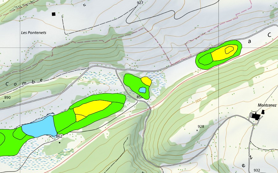 swisstopo national map showing the protected perimeter of Plain de Saigne (Raised bog)