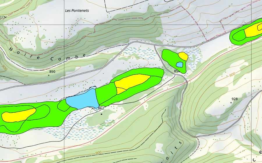 Carte nationale swisstopo avec le périmètre protégé de Plain de Saigne (Haut-marais)