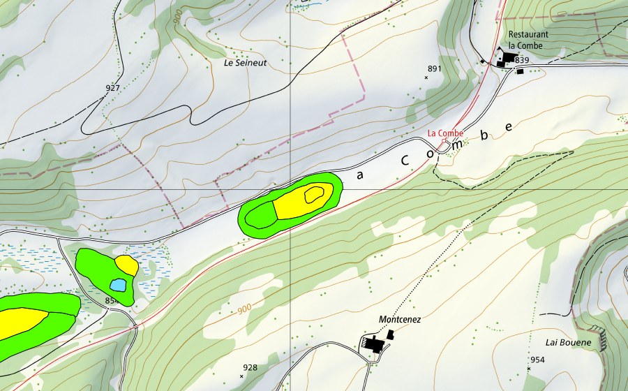 swisstopo national map showing the protected perimeter of Plain de Saigne (Raised bog)