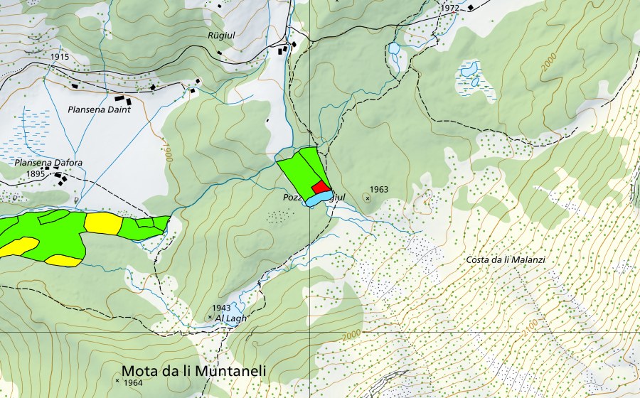 Carta nazionale swisstopo con il perimetro protetto di Plansena (Val da Camp) (Torbiera alta)
