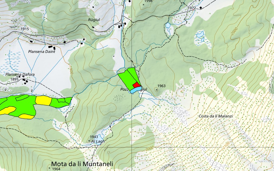 swisstopo national map showing the protected perimeter of Plansena (Val da Camp) (Raised bog)