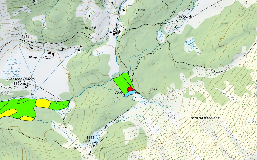 Carte nationale swisstopo avec le périmètre protégé de Plansena (Val da Camp) (Haut-marais)