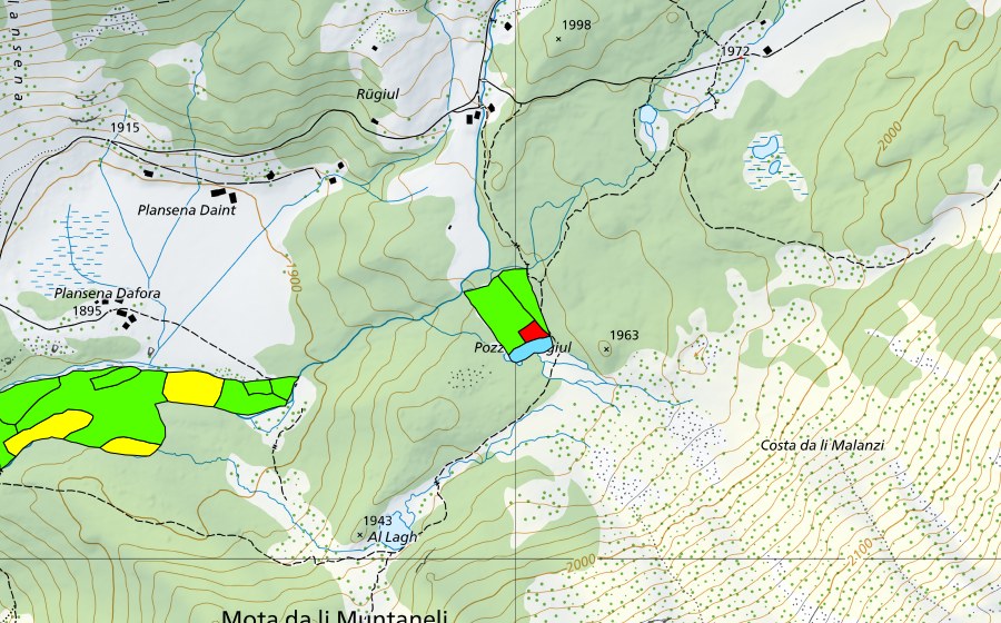 swisstopo national map showing the protected perimeter of Plansena (Val da Camp) (Raised bog)