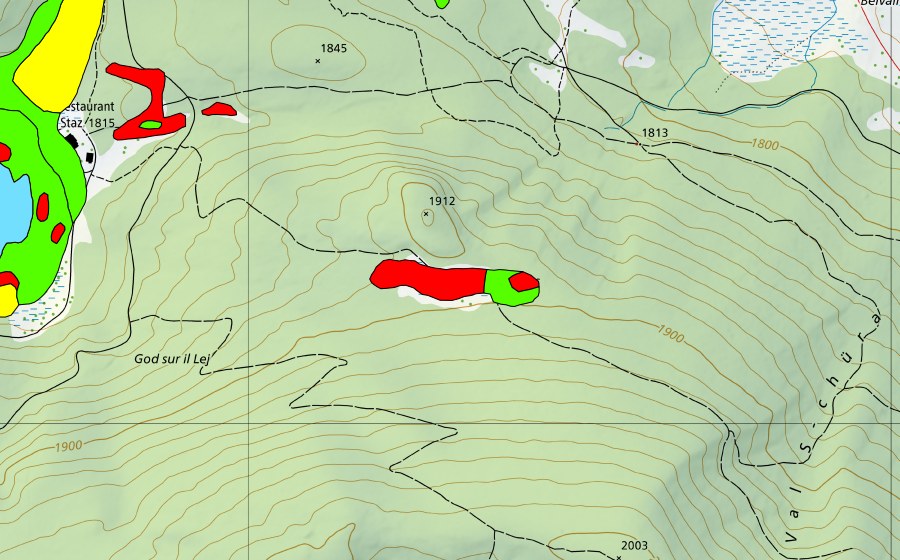 Carte nationale swisstopo avec le périmètre protégé de Plaun da las Mujas (Haut-marais)