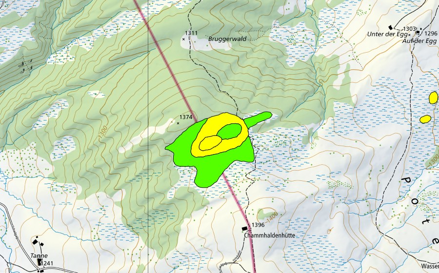 Carte nationale swisstopo avec le périmètre protégé de Potersalp (Haut-marais)