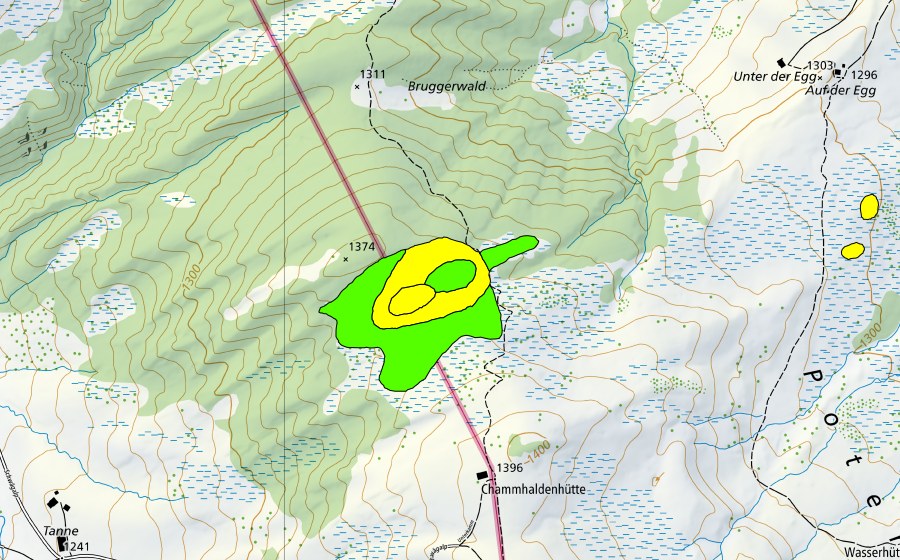 swisstopo national map showing the protected perimeter of Potersalp (Raised bog)