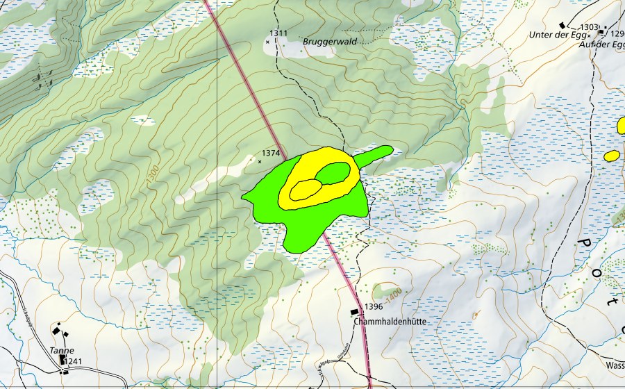 swisstopo national map showing the protected perimeter of Potersalp (Raised bog)