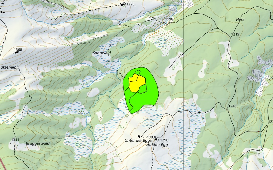 Landeskarte swisstopo mit dem Schutzperimeter von Potersalp (Hochmoor)