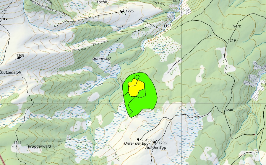 Carte nationale swisstopo avec le périmètre protégé de Potersalp (Haut-marais)