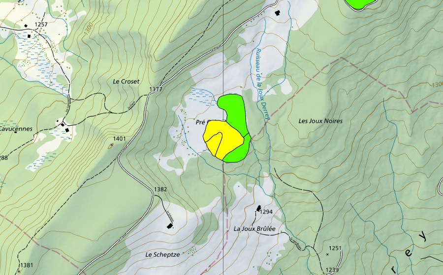 swisstopo national map showing the protected perimeter of Pré Colard (Raised bog)