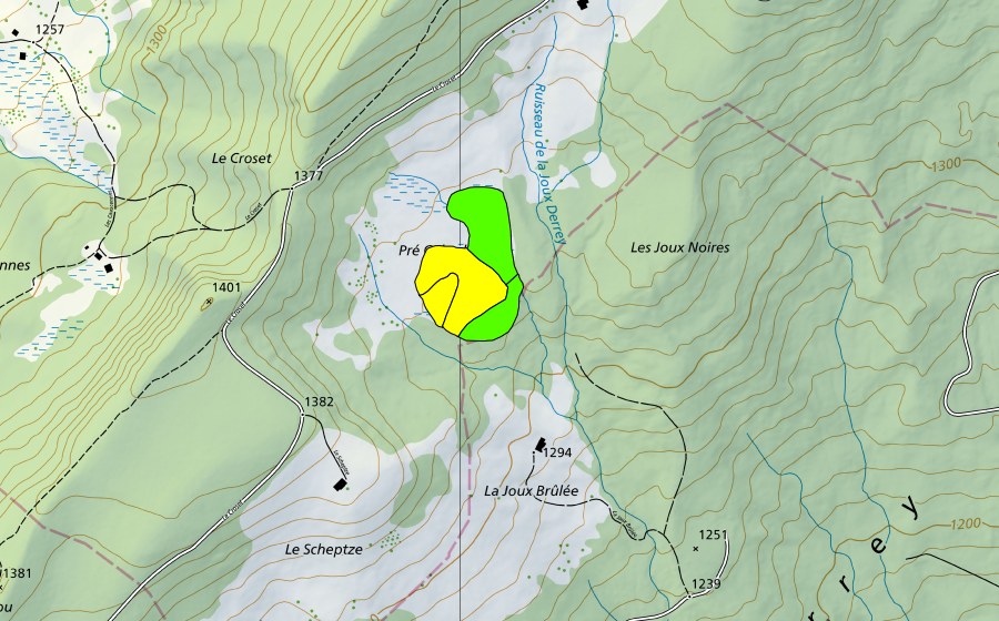 Carte nationale swisstopo avec le périmètre protégé de Pré Colard (Haut-marais)