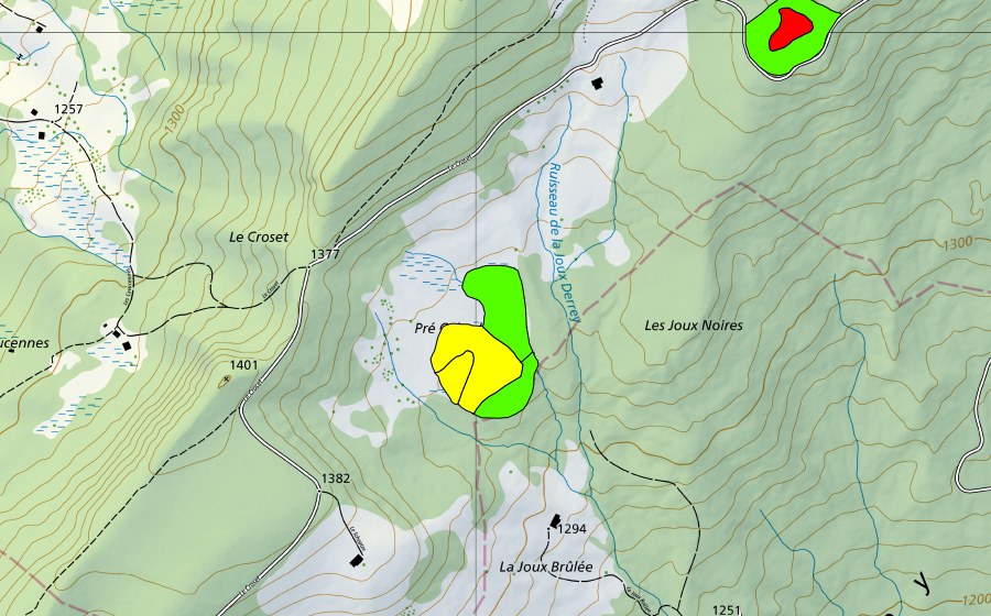 swisstopo national map showing the protected perimeter of Pré Colard (Raised bog)