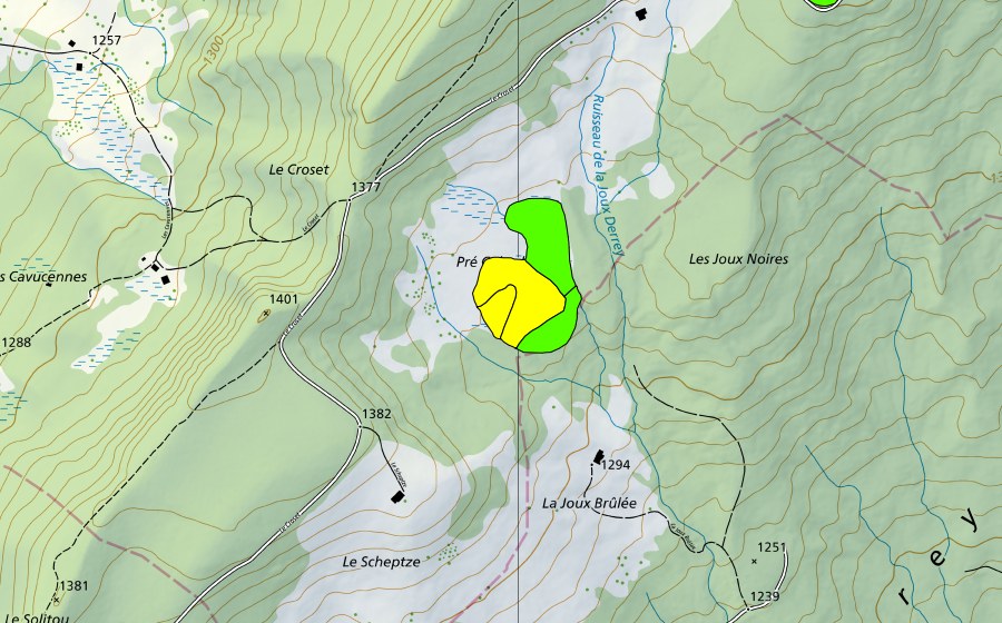 Landeskarte swisstopo mit dem Schutzperimeter von Pré Colard (Hochmoor)