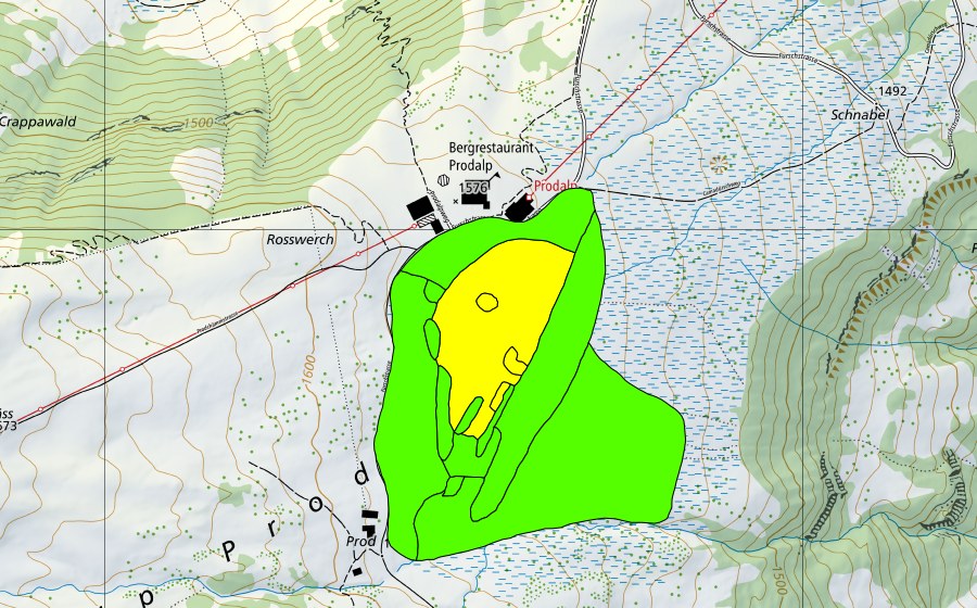 swisstopo national map showing the protected perimeter of Prodriet (Raised bog)