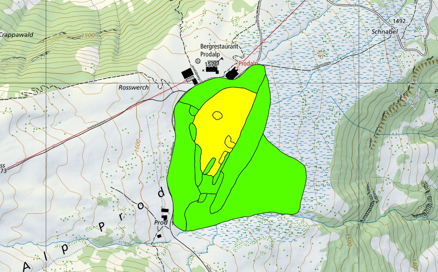 Carte nationale swisstopo avec le périmètre protégé de Prodriet (Haut-marais)