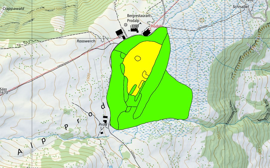 swisstopo national map showing the protected perimeter of Prodriet (Raised bog)