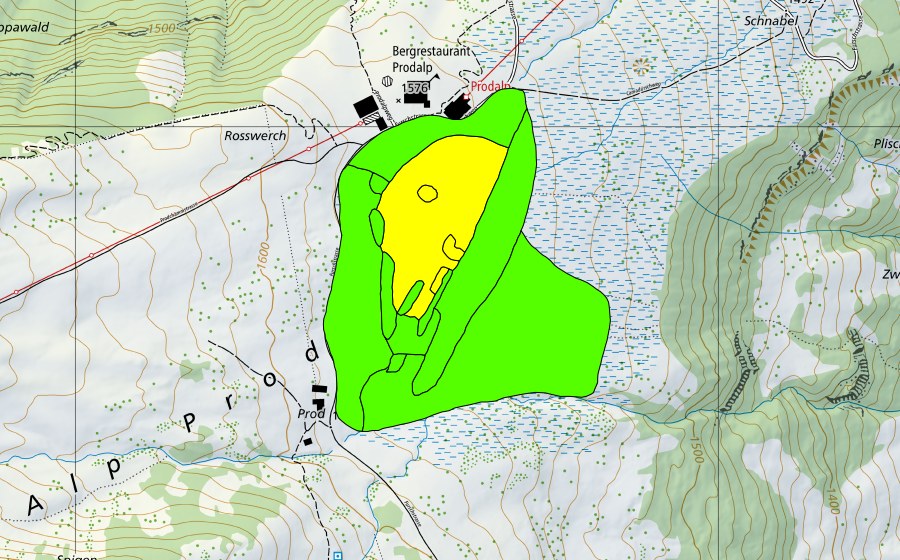Carte nationale swisstopo avec le périmètre protégé de Prodriet (Haut-marais)