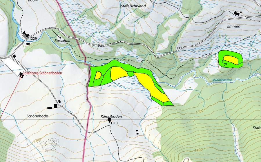 Carte nationale swisstopo avec le périmètre protégé de Ried unter dem Rämsiboden (Haut-marais)