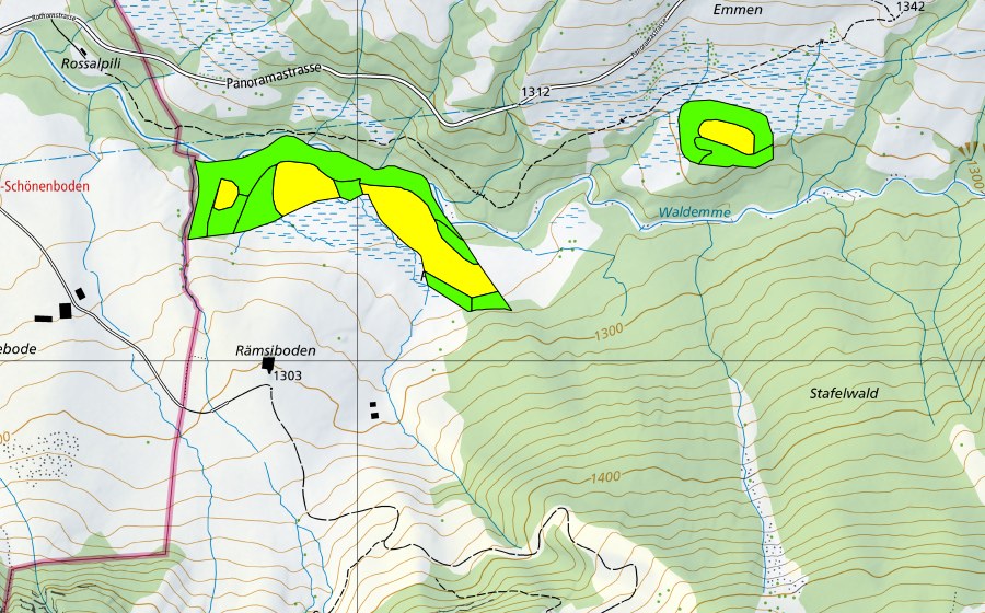 swisstopo national map showing the protected perimeter of Ried unter dem Rämsiboden (Raised bog)