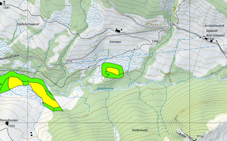swisstopo national map showing the protected perimeter of Ried unter dem Rämsiboden (Raised bog)