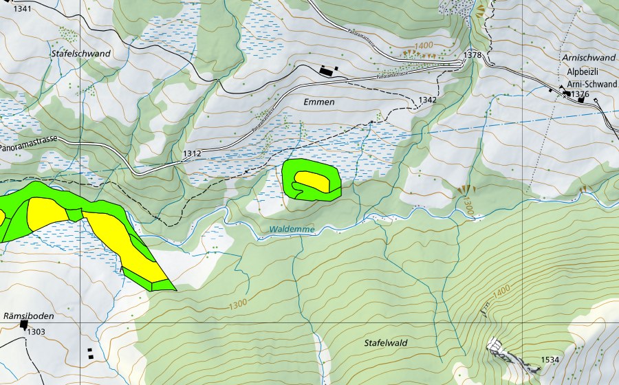 Carte nationale swisstopo avec le périmètre protégé de Ried unter dem Rämsiboden (Haut-marais)