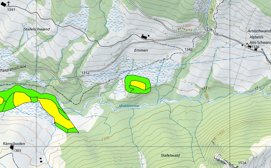 Carte nationale swisstopo avec le périmètre protégé de Ried unter dem Rämsiboden (Haut-marais)
