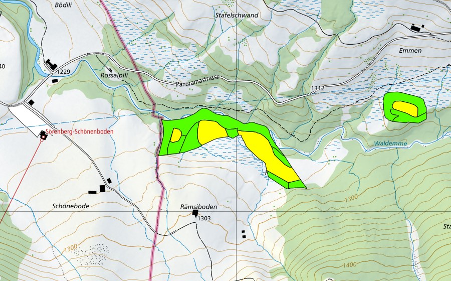 swisstopo national map showing the protected perimeter of Ried unter dem Rämsiboden (Raised bog)