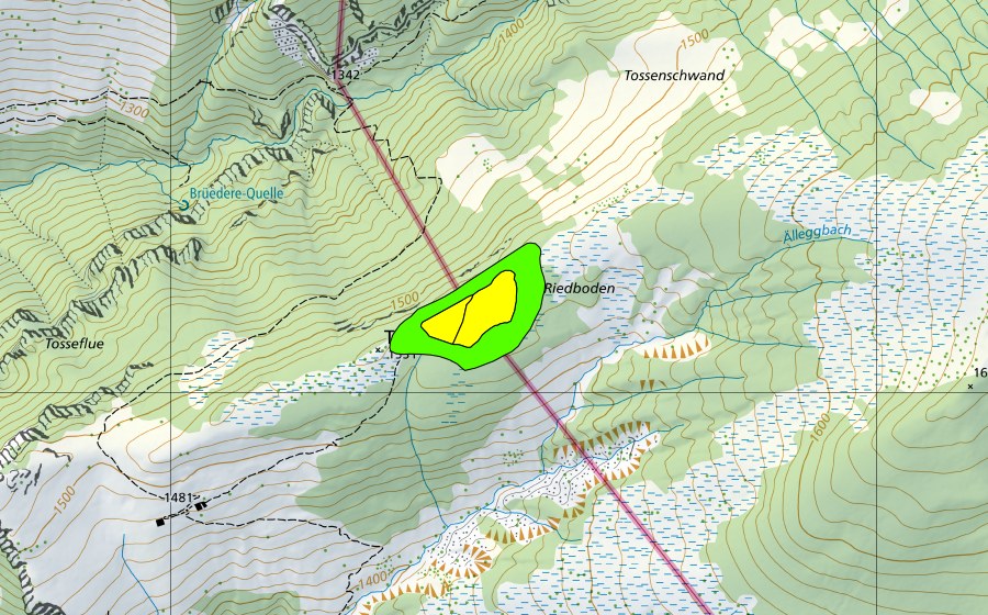 Carte nationale swisstopo avec le périmètre protégé de Riedboden (Haut-marais)